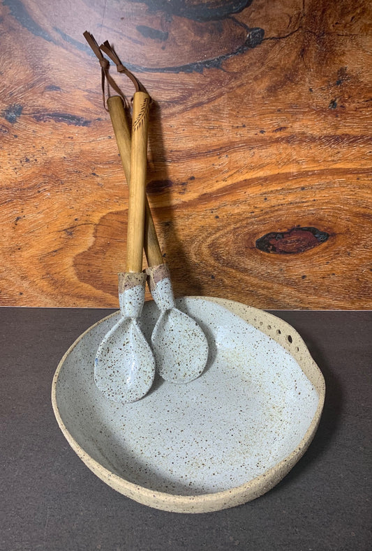 White speckled Bowl with Timber Handle Server Set - 1
